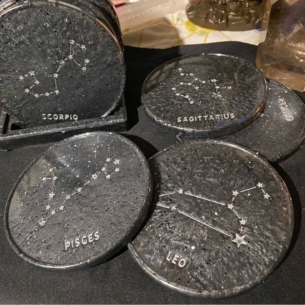 Set of 6 astrology coasters w/stand silver/blk glitter and silver paint accents.